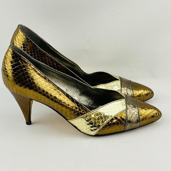 Womens 6.5M Sutton Plaza Pumps Metallic Bronze Gold Copper‎ Faux Snakeskin Heels - Picture 2 of 10